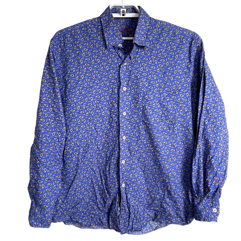 Alan Flusser Paisley Button Down Shirt Mens Large Blue Cotton Long Sleeve Dandy